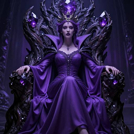Digital art of a regal woman with purple dress and crown, seated on ornate, black throne with glowing purple crystals.