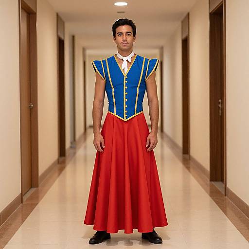 Photograph of a man standing in a hallway wearing a blue corset with yellow trim, red skirt, white bow tie, and black shoes. corridors