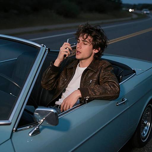 Photograph of a young man with disheveled dark hair, wearing a brown leather jacket and white shirt, driving a blue convertible, talking on a