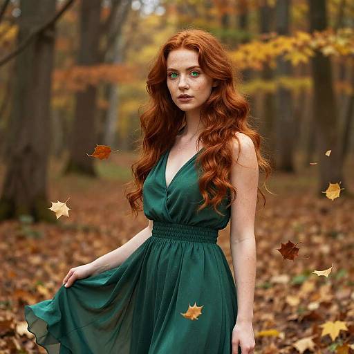 Photograph of a fair-skinned, red-haired woman with green eyes wearing a green, sleeveless, V-neck dress, standing in a forest with