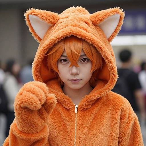Photograph of an Asian individual with orange hair and cat ears, wearing a fluffy orange cat hoodie, standing in a blurred urban background, making a paw