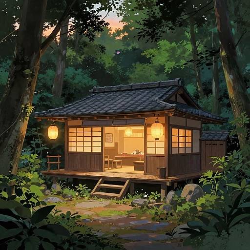 Serene Anime Forest Hut at Sunset
