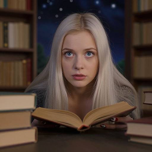 Photograph of a young blonde woman with blue eyes, long straight hair, and fair skin, intently reading an open book in a dimly lit