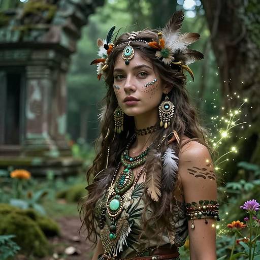 Photorealistic digital art of a mystical, forest-dwelling woman with feathered headpiece, intricate jewelry, glowing face paint, and ornate