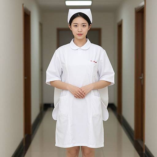 Photograph of an Asian female nurse in a white uniform and cap, standing in a brightly lit, empty hallway with wooden doors.