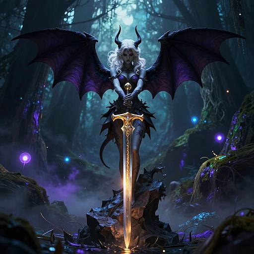 Digital fantasy artwork of a demonic woman with black wings, white hair, and horns, standing triumphantly over a glowing sword in a mystical forest illuminated by