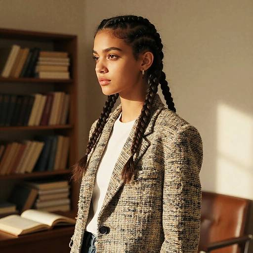 Photograph of a young woman with dark skin, braided hair, wearing a gray tweed blazer over a white shirt, standing in a sun