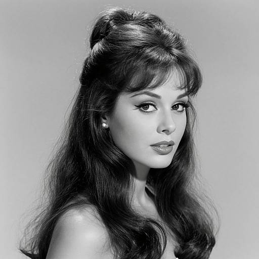 Black-and-white photograph of a beautiful woman with long, wavy dark hair styled in a 1950s updo, wearing pearl earrings, and
