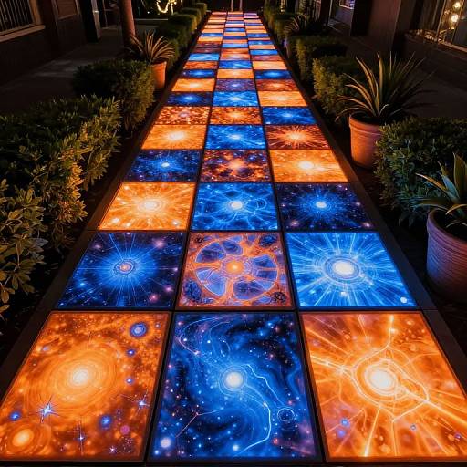 Glowing LED pathway with vibrant orange and blue cosmic patterns, surrounded by potted plants, in a dark garden. Photographic image.