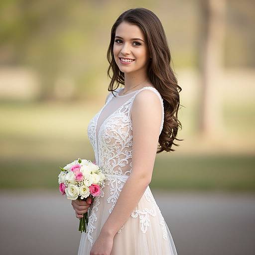 Photograph of a smiling young woman with long dark hair, wearing a white lace wedding dress, holding a bouquet of pink and white flowers, standing outdoors