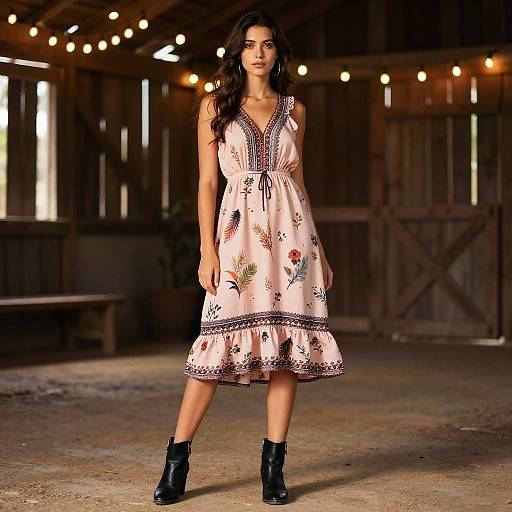 Woman in Boho Chic Dress in Rustic Barn