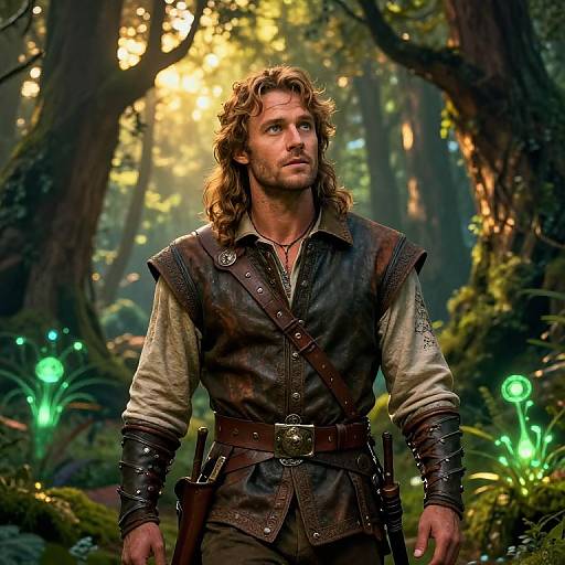 Photograph of a muscular, bearded man with wavy brown hair in medieval forest attire, standing amidst glowing green plants and sunlit trees. Fantasy