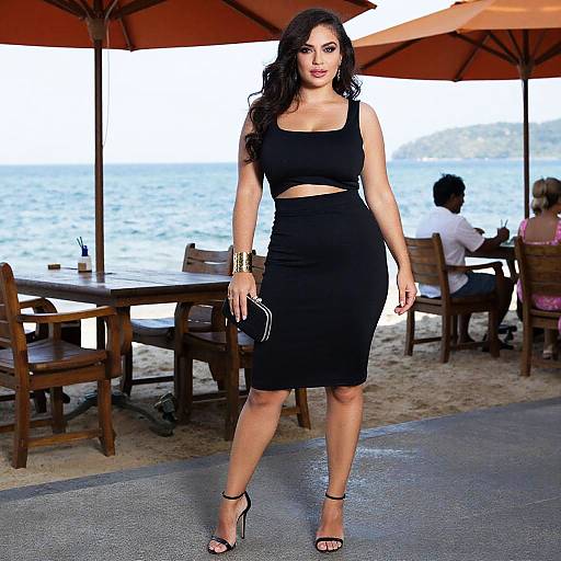 Plus-Size Woman in Black Dress at Beachside Restaurant