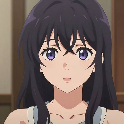 Anime-style digital drawing of a young woman with long black hair, large purple eyes, and fair skin, wearing a white tank top.