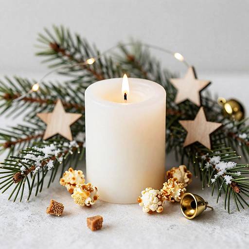 Candle Nestled in Snow-Dusted Cedar