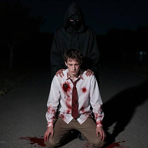 Nighttime Hooded Figure With Bloodied Man