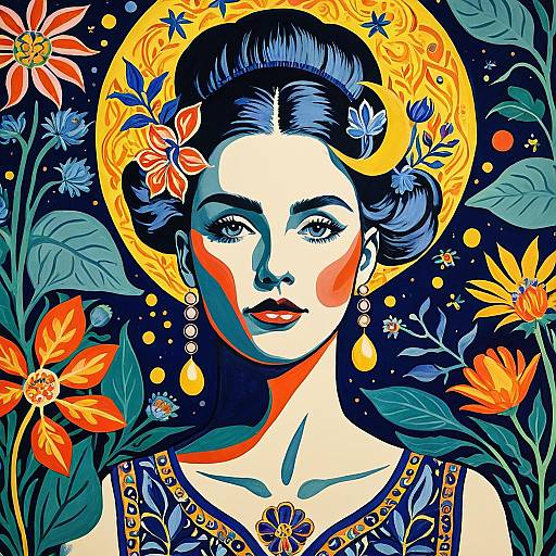 Fauvist Portrait of a Queen with Botanical Elements