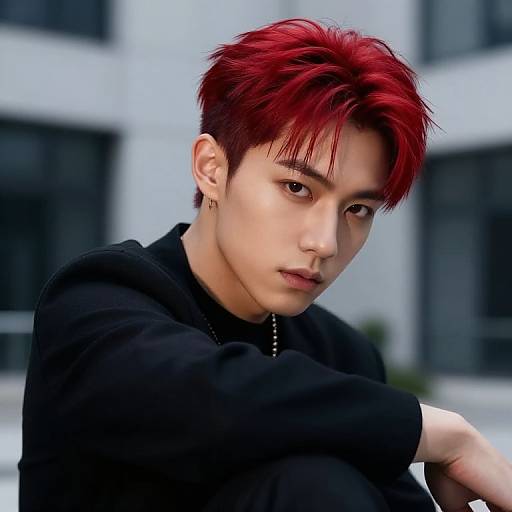 Photograph of a young Asian man with vibrant red, spiky hair, wearing a black hoodie, sitting outdoors against a blurred urban background.