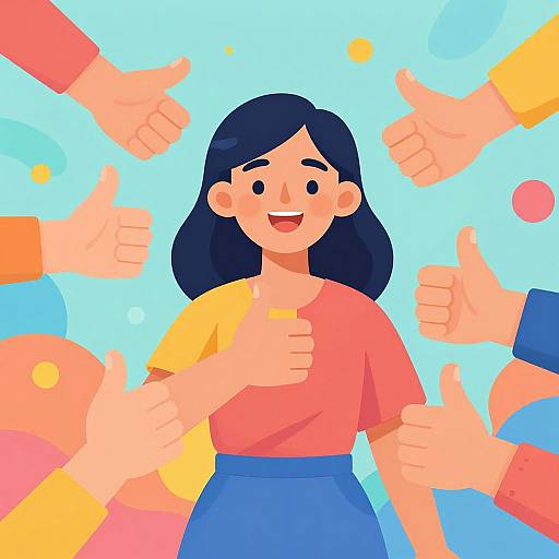 Digital illustration of a smiling Asian woman with black hair, wearing a red shirt and blue skirt, surrounded by colorful thumbs-up hands.