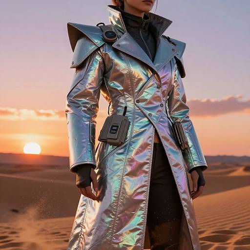 Photograph of a person in a shimmering silver metallic coat with high collars, standing in a desert at sunset. Sun sets behind them, casting