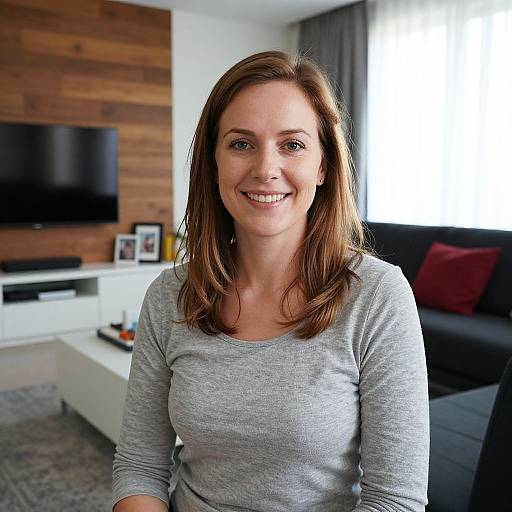Photograph of a smiling Caucasian woman with shoulder-length brown hair, wearing a gray long-sleeve top, in a modern living room.