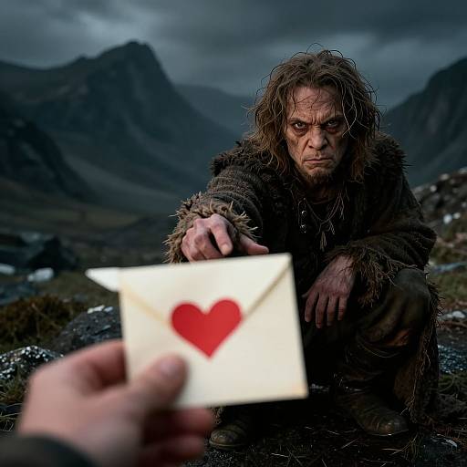 Photograph of a rugged, disheveled man with wild hair and intense gaze, holding out a hand towards a card with a red heart, against
