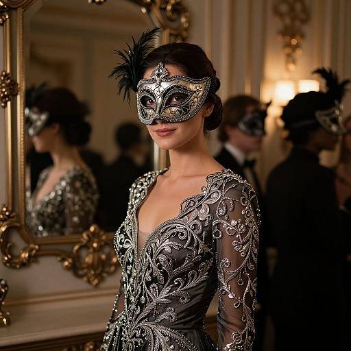 Photograph of a slender woman with fair skin, wearing an elaborate black lace dress and a detailed silver masquerade mask with a black feather, standing