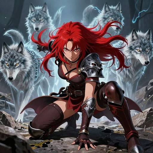 Digital art: Red-haired warrior woman with fierce expression, armored in black, crouches amidst glowing, aggressive wolves in a dark forest.
