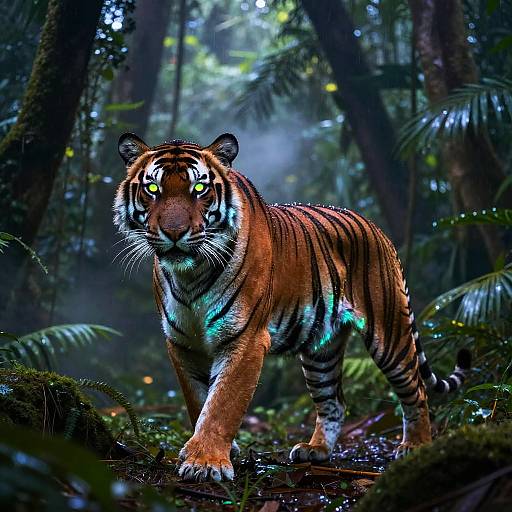 Photorealistic digital image of a majestic tiger with glowing yellow eyes, walking through a dense, misty forest. Vibrant orange and black stripes contrast
