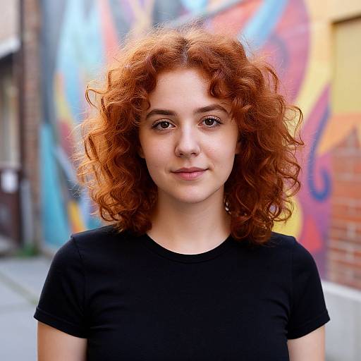 Photograph of a young woman with curly red hair, fair skin, and black t-shirt, standing in a colorful graffiti alley.