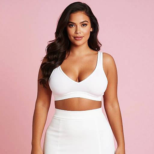 Photograph of a confident woman with long, wavy black hair, wearing a white crop top and high-waisted skirt against a pink background.