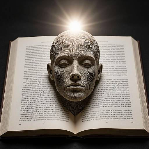 Photograph of a metallic, intricately patterned face mask hovering above an open book, illuminated from above, creating a dramatic, mystical effect.