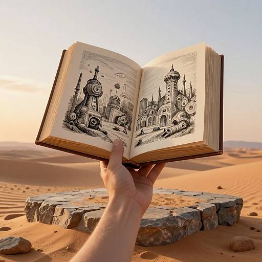 Surreal Floating Tome Over Desert Sunset