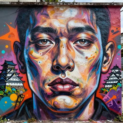 Vibrant, hyper-realistic graffiti portrait of an Asian man with intense eyes, colorful abstract background, traditional Asian rooftops on both sides.
