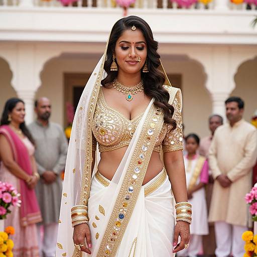 Photograph of a beautiful Indian bride in a gold and white traditional outfit, adorned with jewelry, walking down a flower-lined aisle.