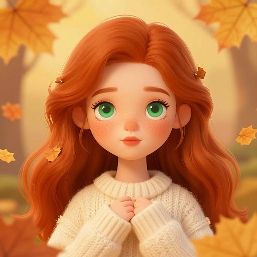 Digital anime-style portrait of a cute, freckled girl with large green eyes, long red hair, and a white knitted sweater, surrounded by