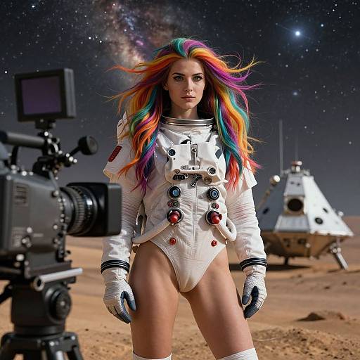 Photorealistic CGI of a woman with rainbow hair in a white, high-tech spacesuit with buttons, standing on a lunar surface with a camera and
