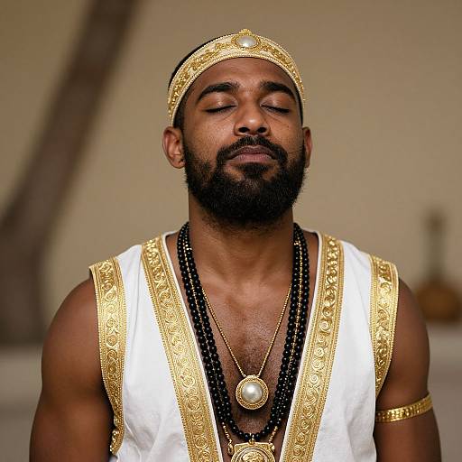 Photograph of a muscular Black man with a beard, wearing a gold headpiece, white and gold sleeveless robe, black bead necklaces, and