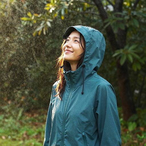 Smiling Woman in Teal Hooded Jacket