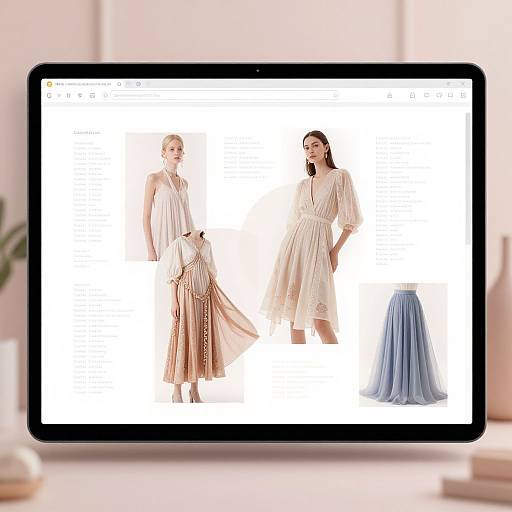 Photograph of a tablet displaying white background fashion illustrations: two women in flowing, white, striped dresses, and a blue pleated skirt. Blurred