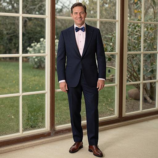Photograph of a smiling Caucasian man in a navy tuxedo with bow tie, white shirt, brown shoes, standing in front of large glass windows