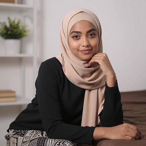 Young Woman in Tan Hijab Sitting