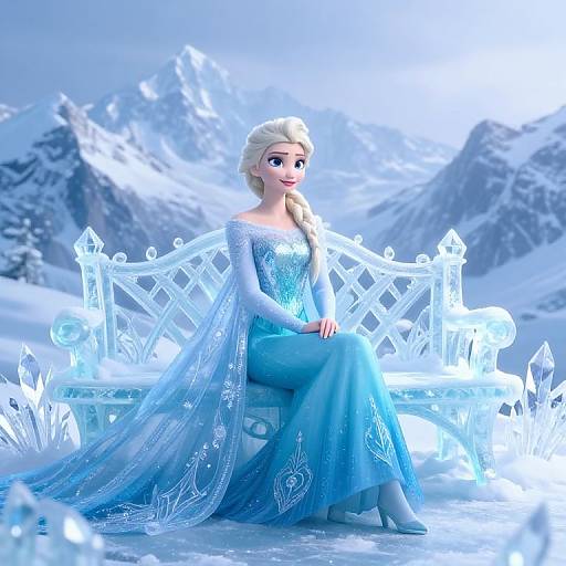 Digital art of Elsa from Frozen, sitting on an ice throne in a snowy mountain landscape, wearing a sparkling blue ice palace gown, with a long b