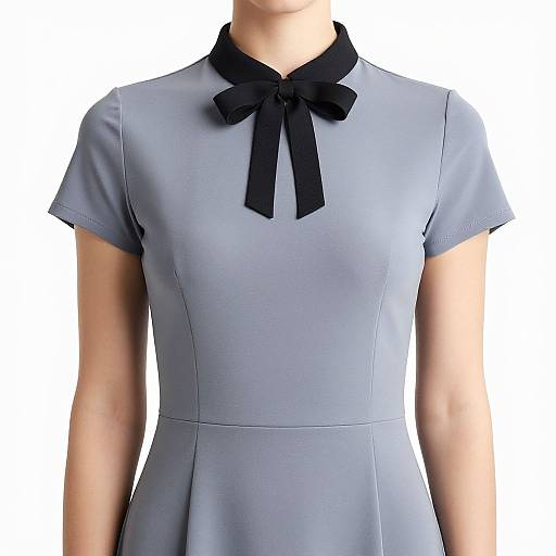 Photograph of a woman's upper body in a light blue, short-sleeved dress with a black ribbon bow at the collar.