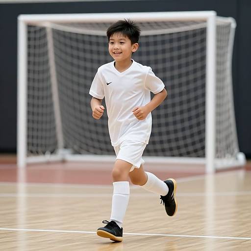 Photograph of a young Asian boy with short black hair, smiling, running on a wooden soccer field wearing a white soccer uniform and black cleats,