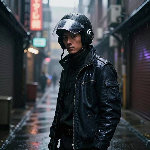 Neon-Glare Cyberpunk Detective in Rainy Alley