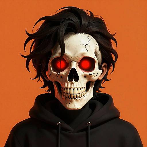 Digital artwork of a skeleton with black, wavy hair, glowing red eyes, and cracked skull, wearing a black hoodie against a bright orange background.