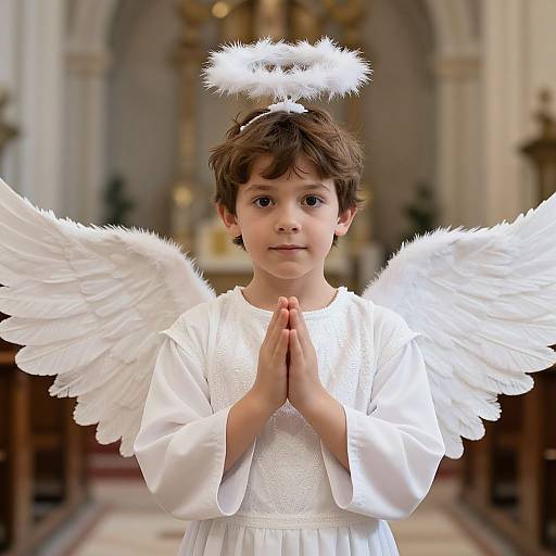 Photograph of a young boy with brown hair, wearing white angel wings and halo, clasped hands, in a church, dressed in a white angel