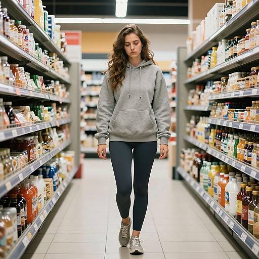 Photograph of a young woman with long brown hair, wearing a gray hoodie, black leggings, and white sneakers, walking down a brightly lit grocery store