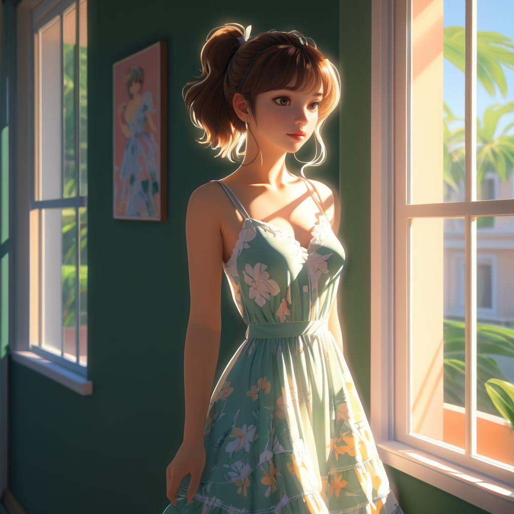 Playful Anime Girl Portrait by Window